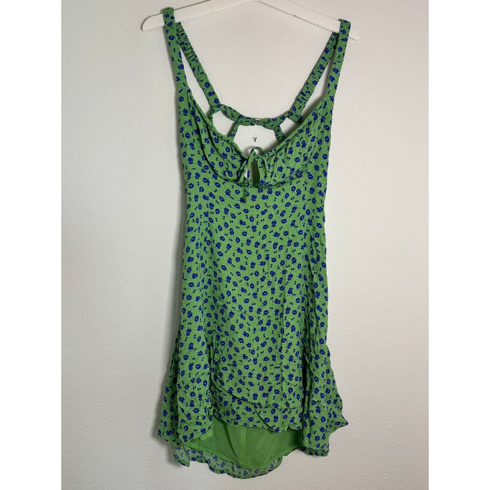 ASTR The Label Green Floral Open Back Mini Dress XL Blue Flower Print Tie Front